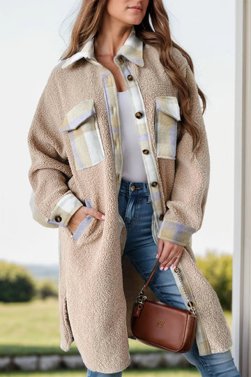 Slit Plaid Button Down Long Sleeve Coat - CELIVINE