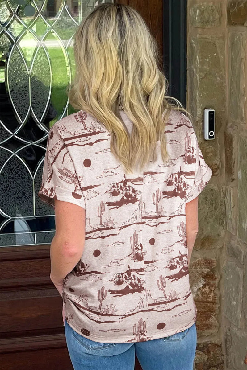 Printed Round Neck Short Sleeve T-Shirt - CELIVINE