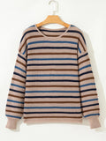 Multicolour Striped Knitted Drop Shoulder Round Neck Sweater - CELIVINE