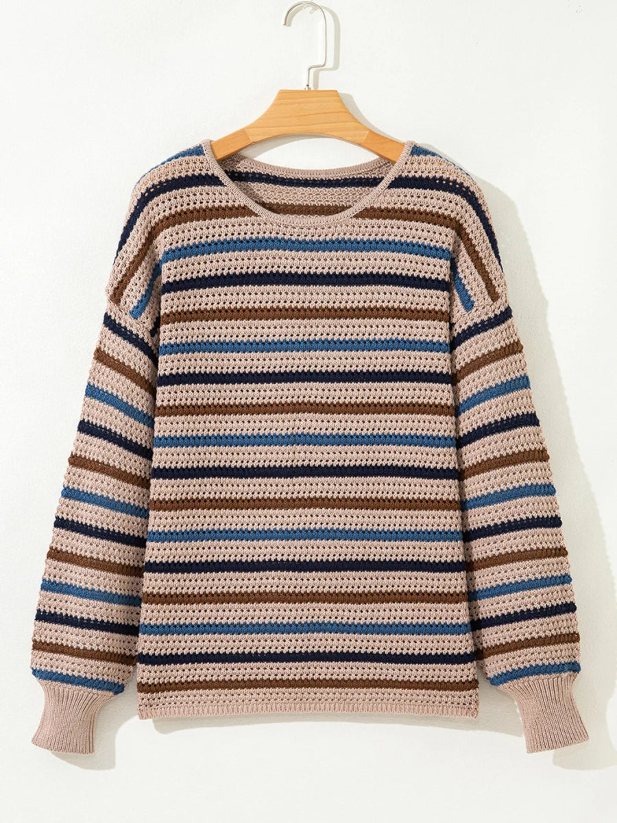 Multicolour Striped Knitted Drop Shoulder Round Neck Sweater - CELIVINE