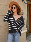 V - Neck Striped Dropped Shoulder Sweater - CELIVINE