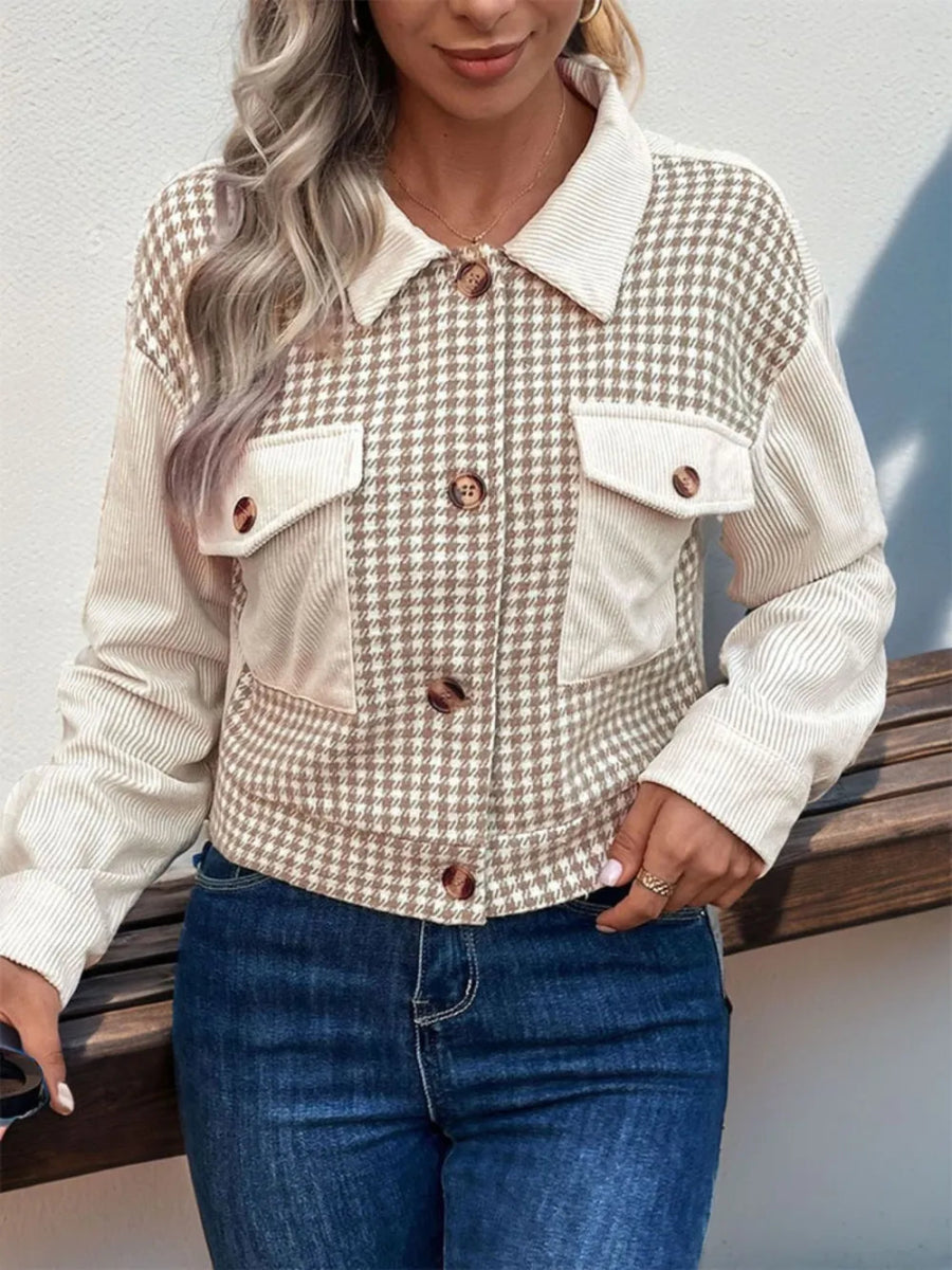 Perfee Pocketed Houndstooth Long Sleeve Jacket - CELIVINE