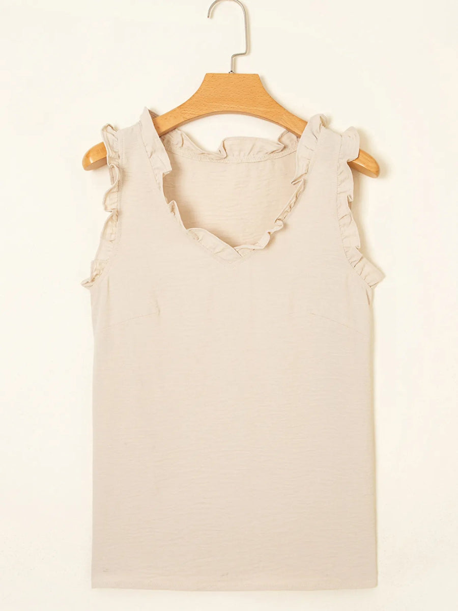 Texture Ruffle Trim V - Neck Tank Top - CELIVINE