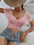 Drawstring Short Sleeve Crop Top - CELIVINE