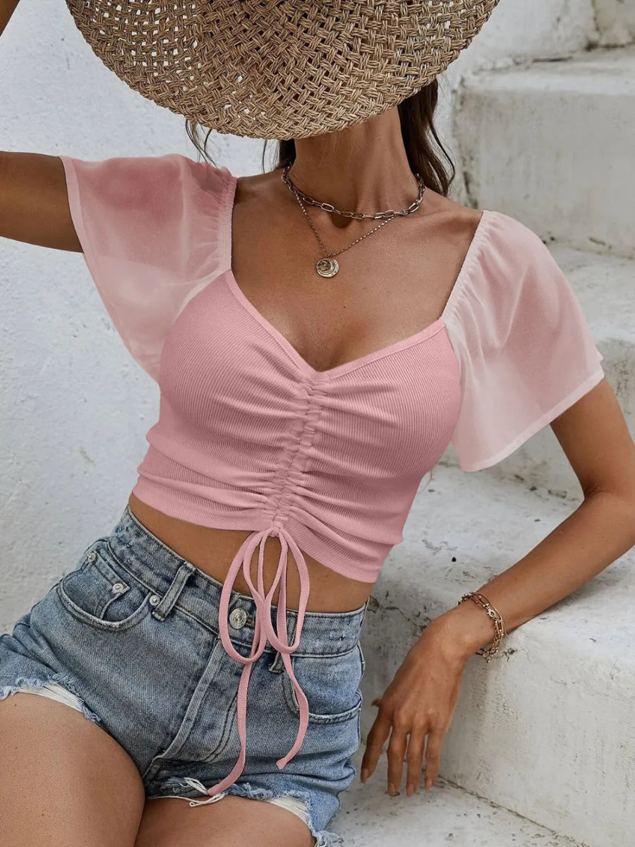 Drawstring Short Sleeve Crop Top - CELIVINE