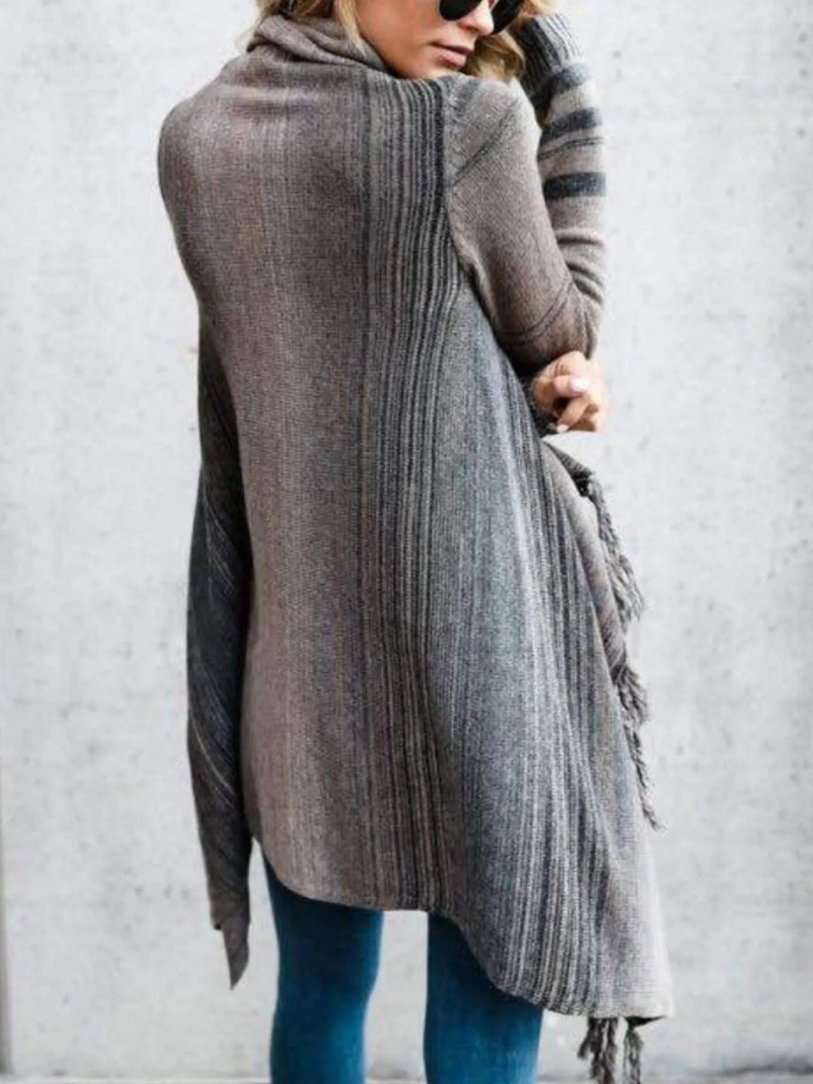 Fringe Long Sleeve Wrap Cardigan - CELIVINE