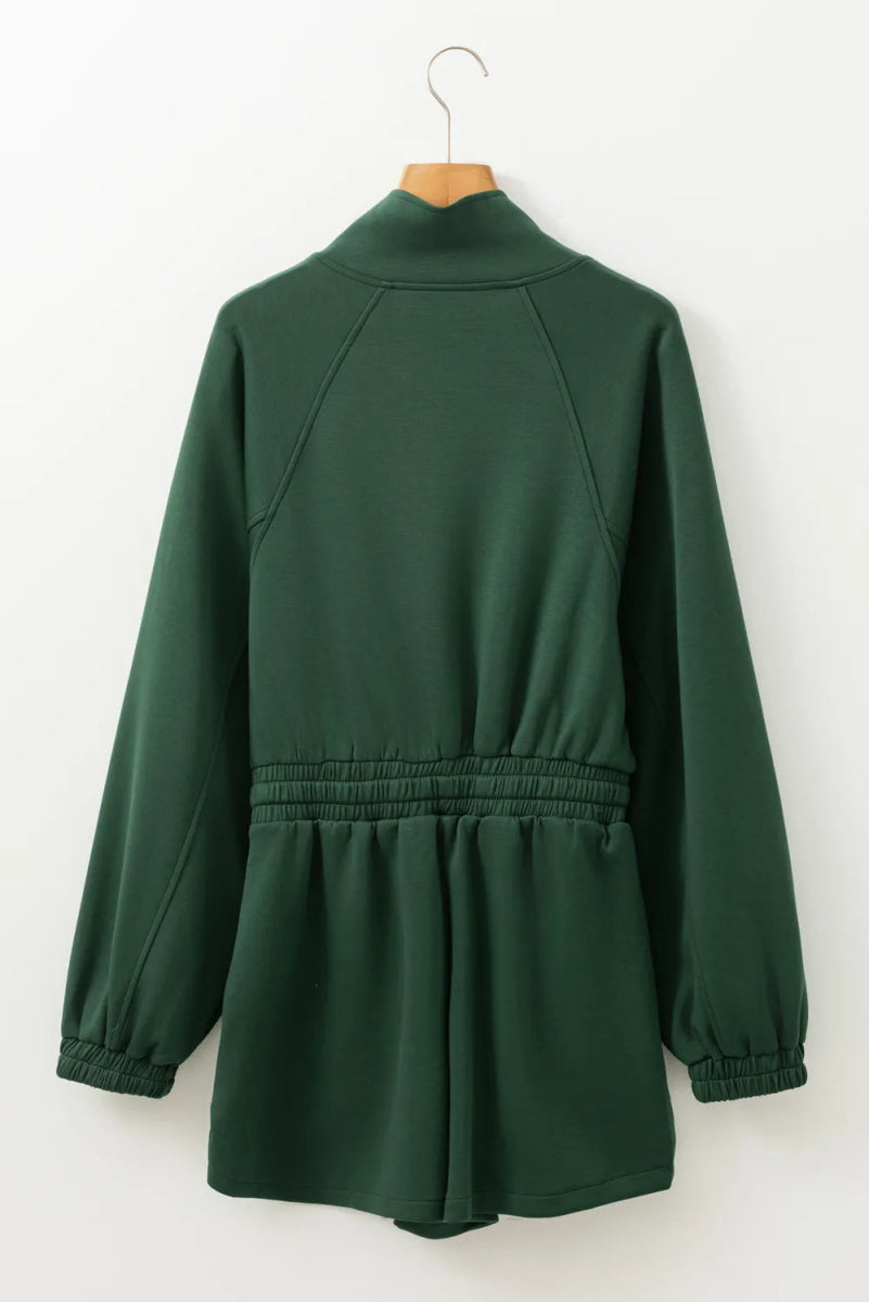 Drawstring Half Zip Long Sleeve Romper - CELIVINE