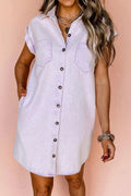 Button Down Short Sleeve Denim Dress - CELIVINE