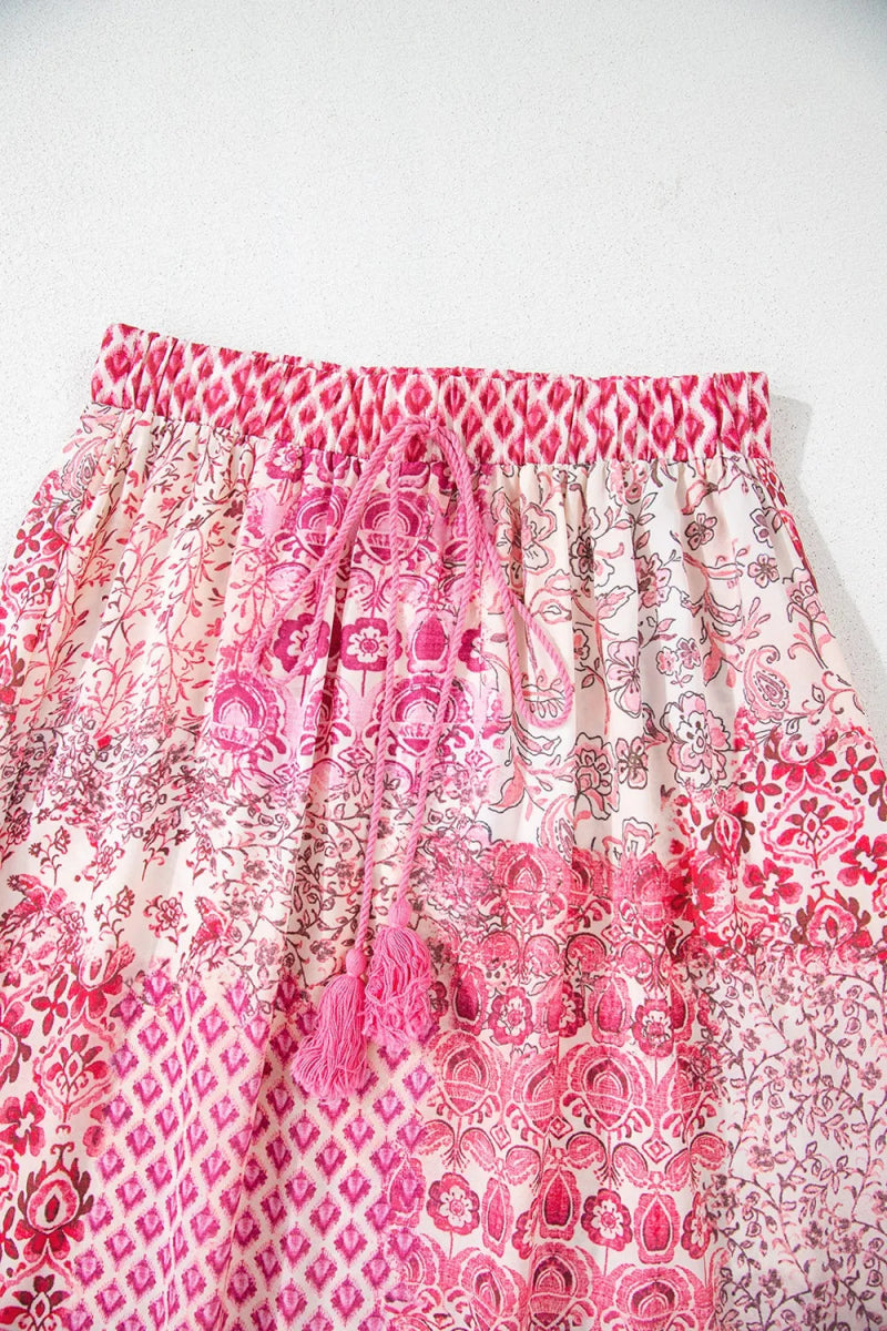 Printed Tassel Drawstring High Waist Maxi Skirt - CELIVINE