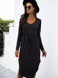 Drawstring Waist Long Sleeve Casual Dress - CELIVINE