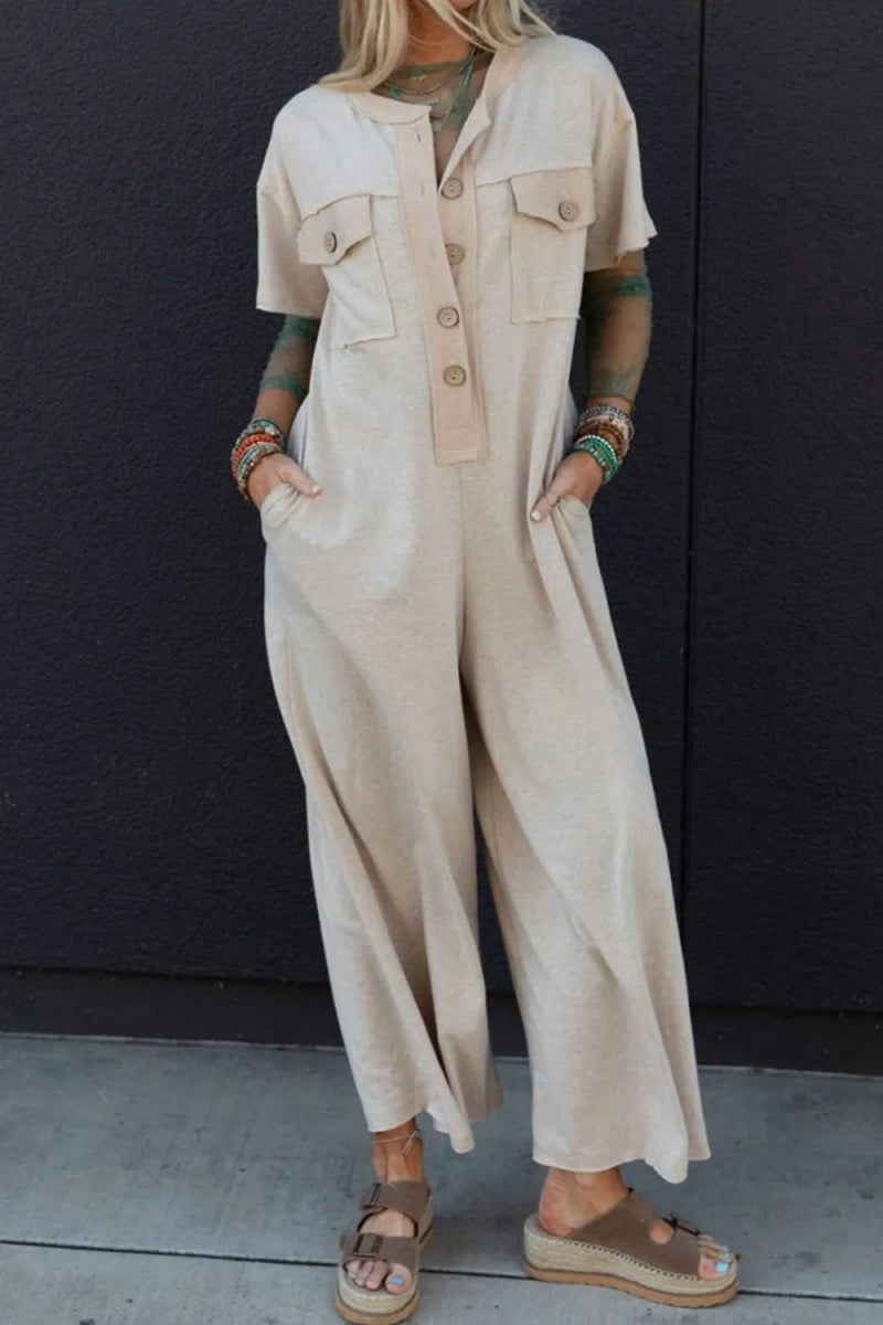 Pocket Front Short Sleeve Wide Leg Jumpsuit - CELIVINE