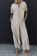 Pocket Front Short Sleeve Wide Leg Jumpsuit - CELIVINE