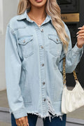 Flap Pocket Raw Hem Denim Jacket - CELIVINE