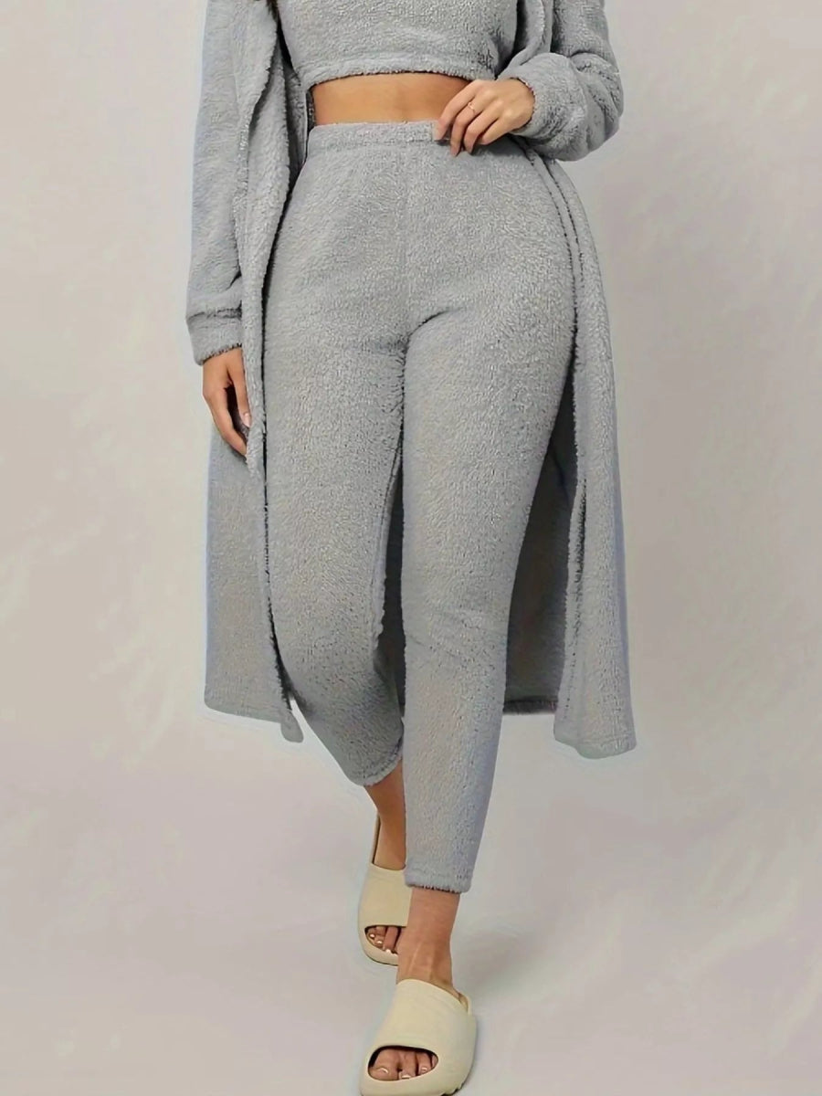 Fuzzy Tank Long Sleeve Cardigan and Pants 3 - Piece Lounge Set - CELIVINE