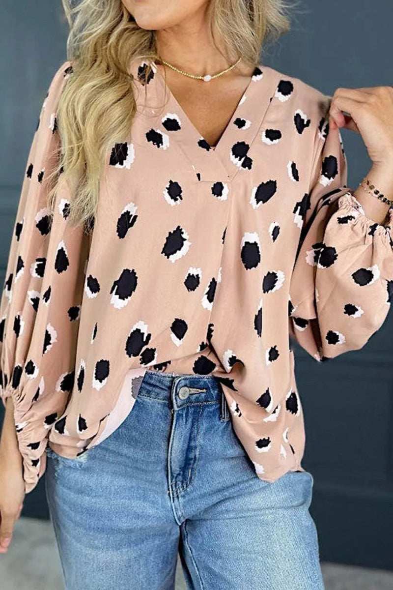 Contrast Animal Print V - Neck Long Sleeve Blouse - CELIVINE