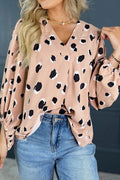 Contrast Animal Print V - Neck Long Sleeve Blouse - CELIVINE