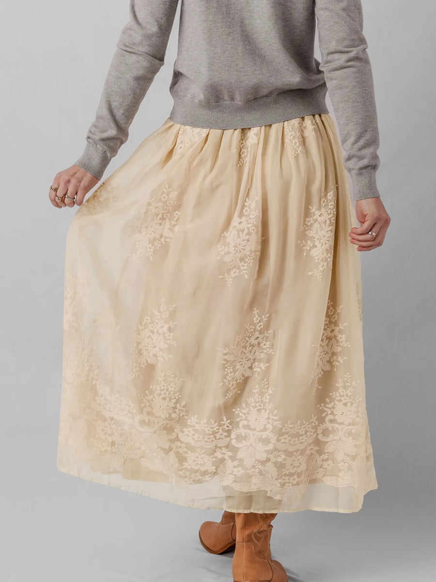 Embroidered Mesh Overlay Flowy Midi Skirt - CELIVINE