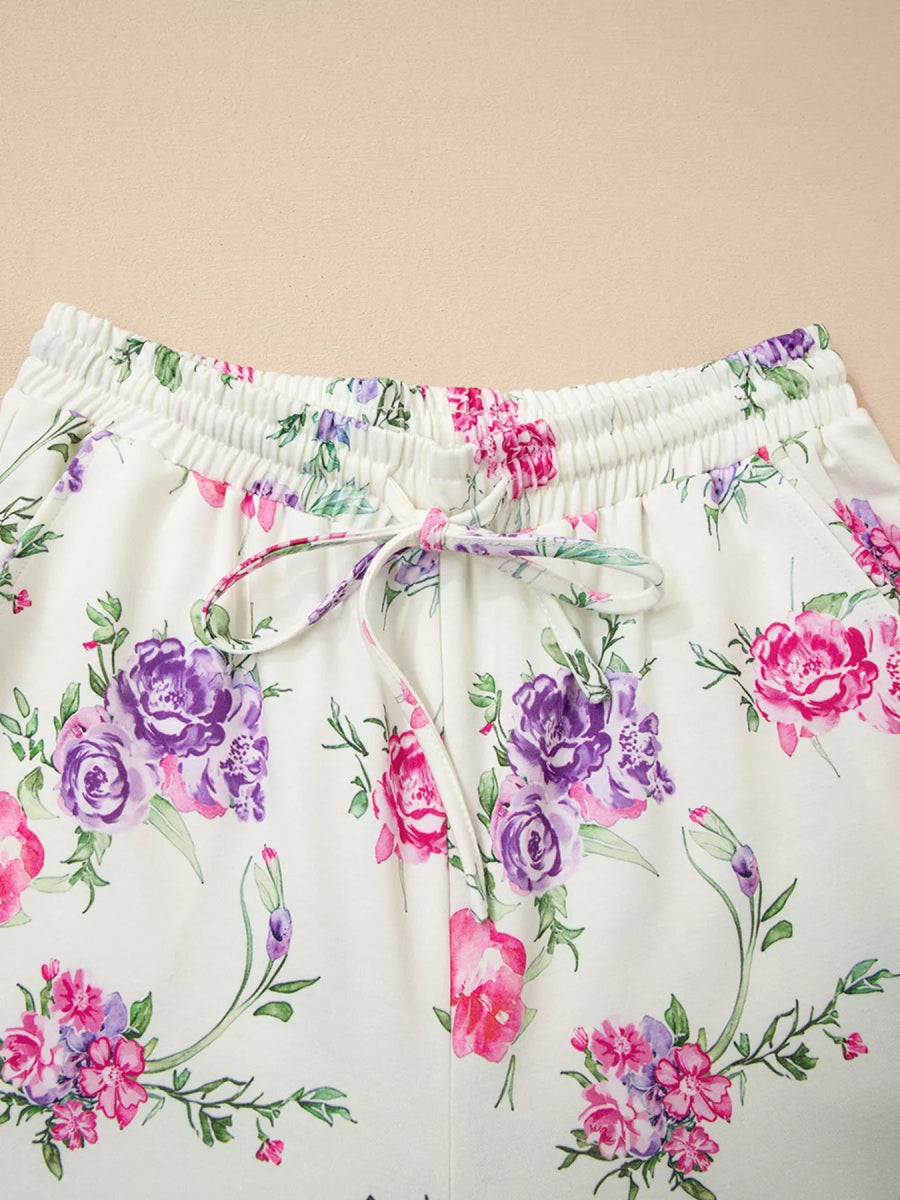 Floral Print Round Neck Top and Drawstring Pants Lounge Set - CELIVINE