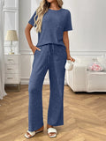Ribbed Knit Short Sleeve Top and Pants Lounge Set - CELIVINE