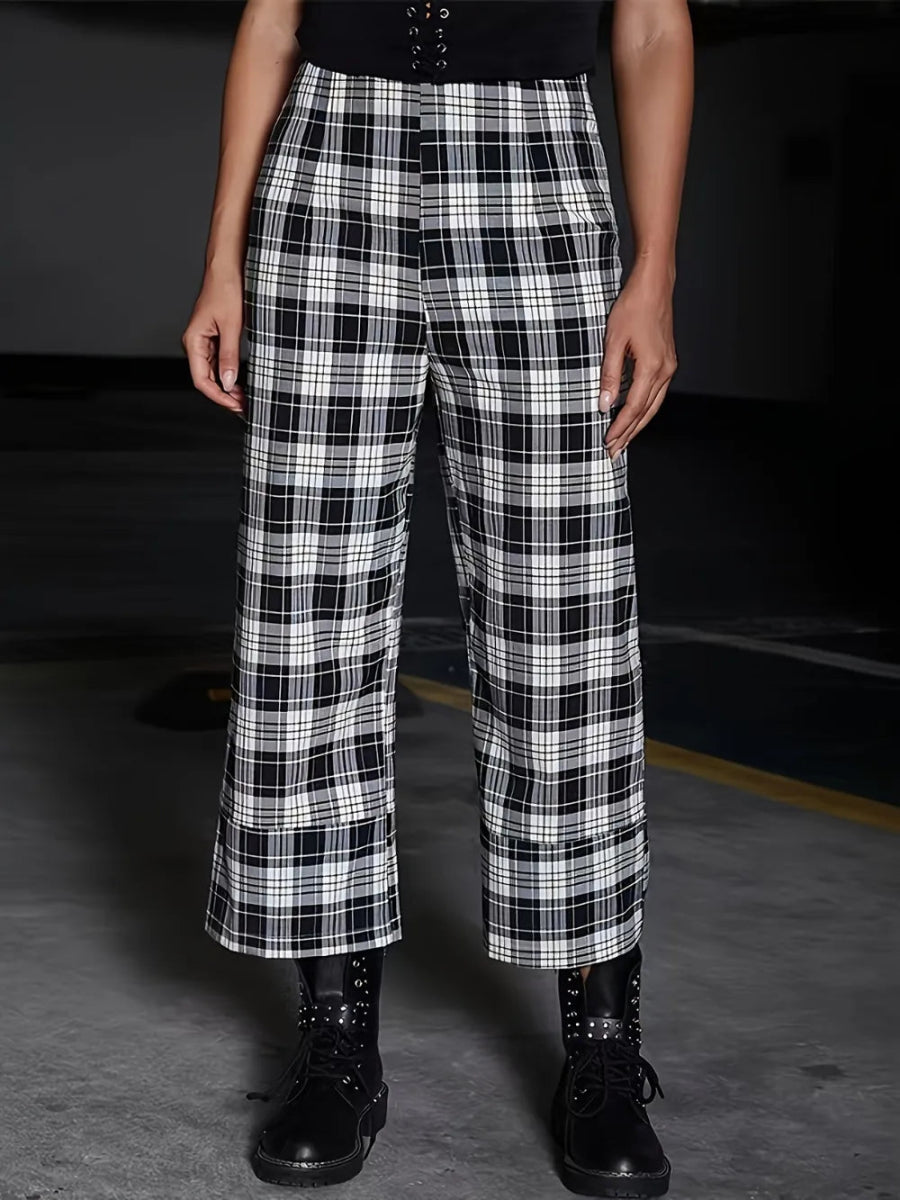Full Size Plaid High Waist Pants - CELIVINE
