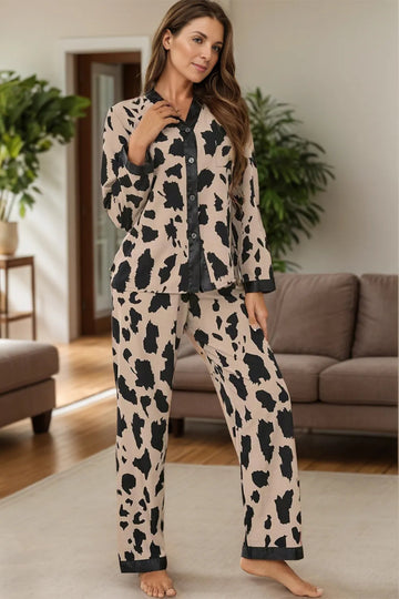 Button Up Long Sleeve Top and Pants Lounge Set - CELIVINE