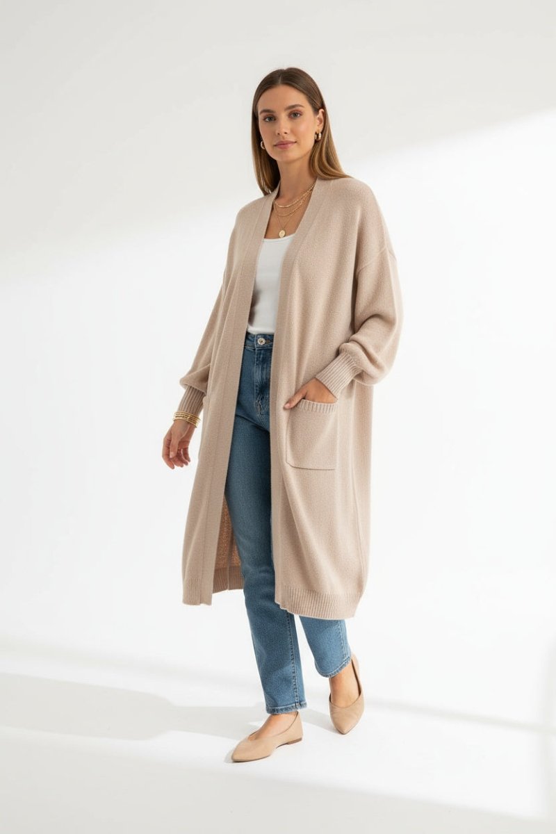 Pocketed Open Front Long Sleeve Cardigan - CELIVINE