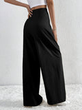 V - Waisted Ruched Front Wide Leg Pants - CELIVINE