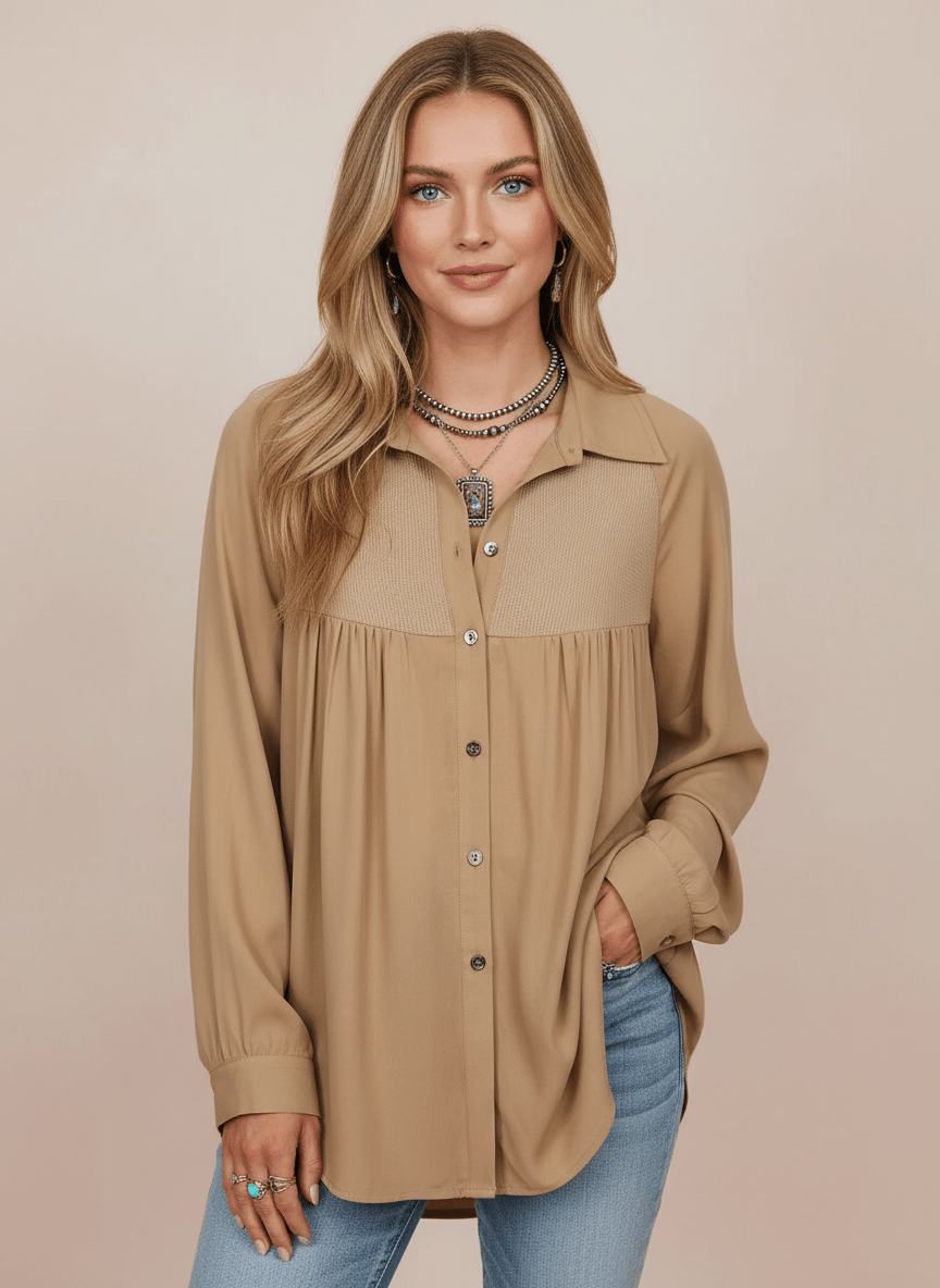 Waffle Patchwork Button Up Frayed Hem Shirt - CELIVINE