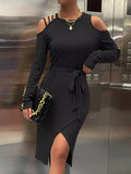 Cold Shoulder Tie Waist Wrap Dress - CELIVINE