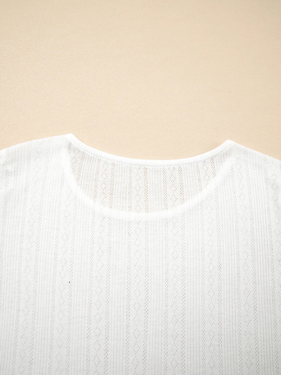 Scalloped Lace Trim Jacquard Textured T Shirt - CELIVINE