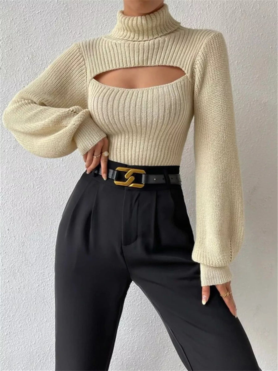 Cutout Front Turtleneck Long Sleeve Sweater - CELIVINE
