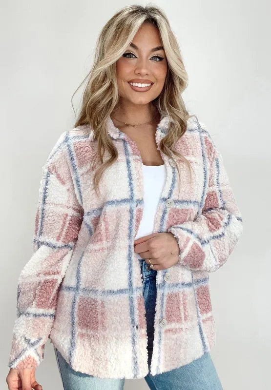 Plaid Button Up Collared Neck Sherpa Jacket - CELIVINE