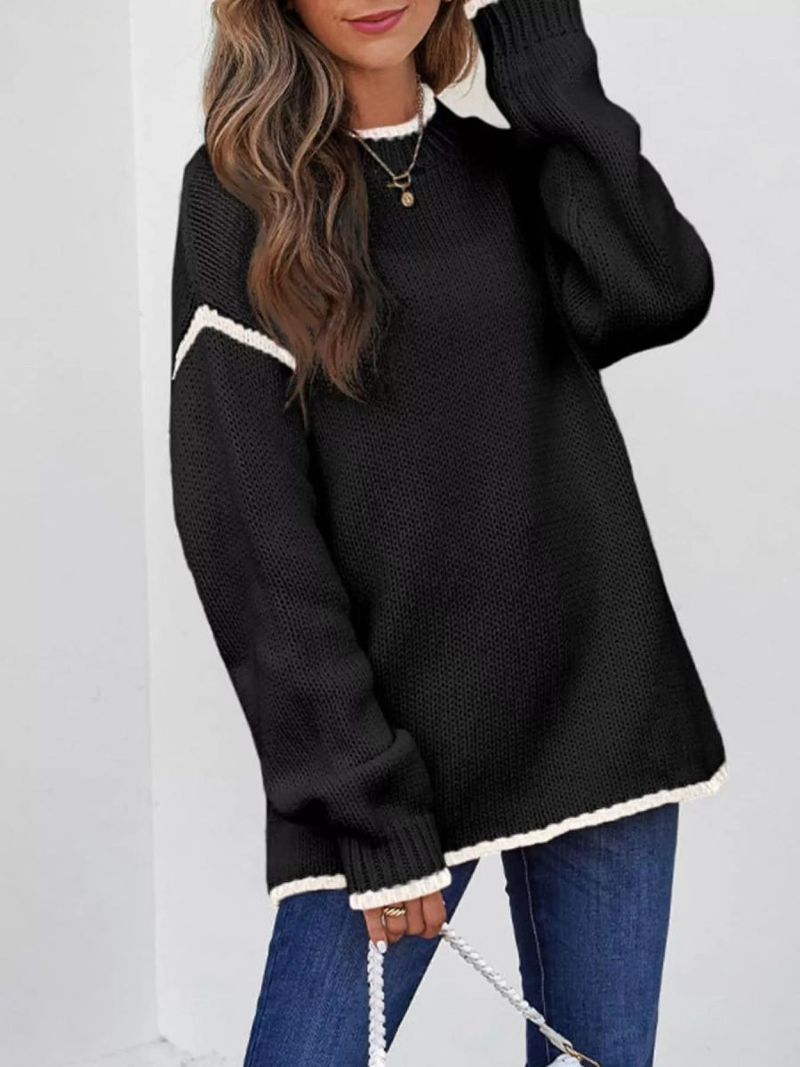 Contrast Trim Long Sleeve Sweater - CELIVINE