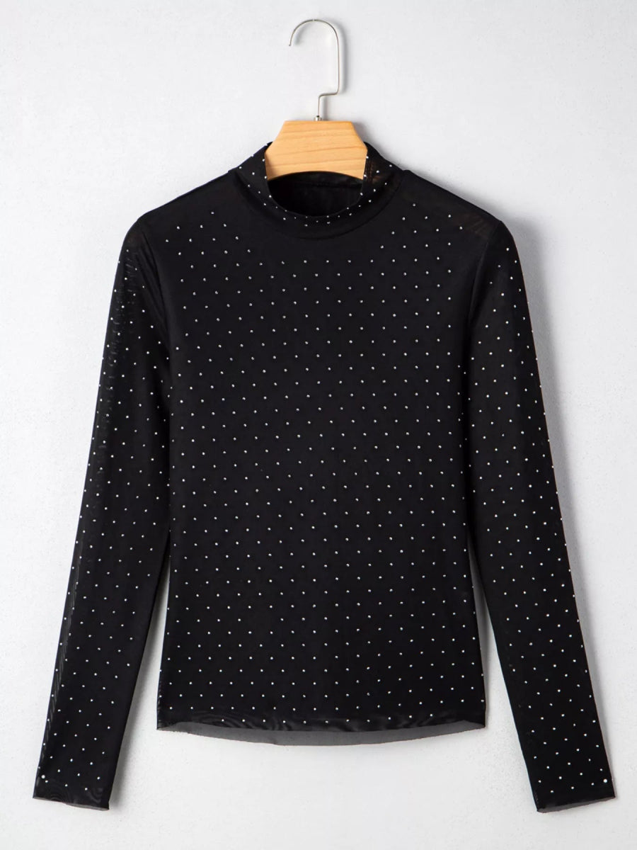 Rhinestone Embellished Mesh Long Sleeve Top - CELIVINE