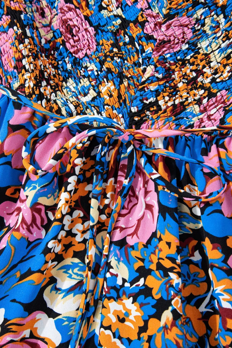 Floral Smocked Spaghetti Straps Wide Leg Jumpsuit - CELIVINE