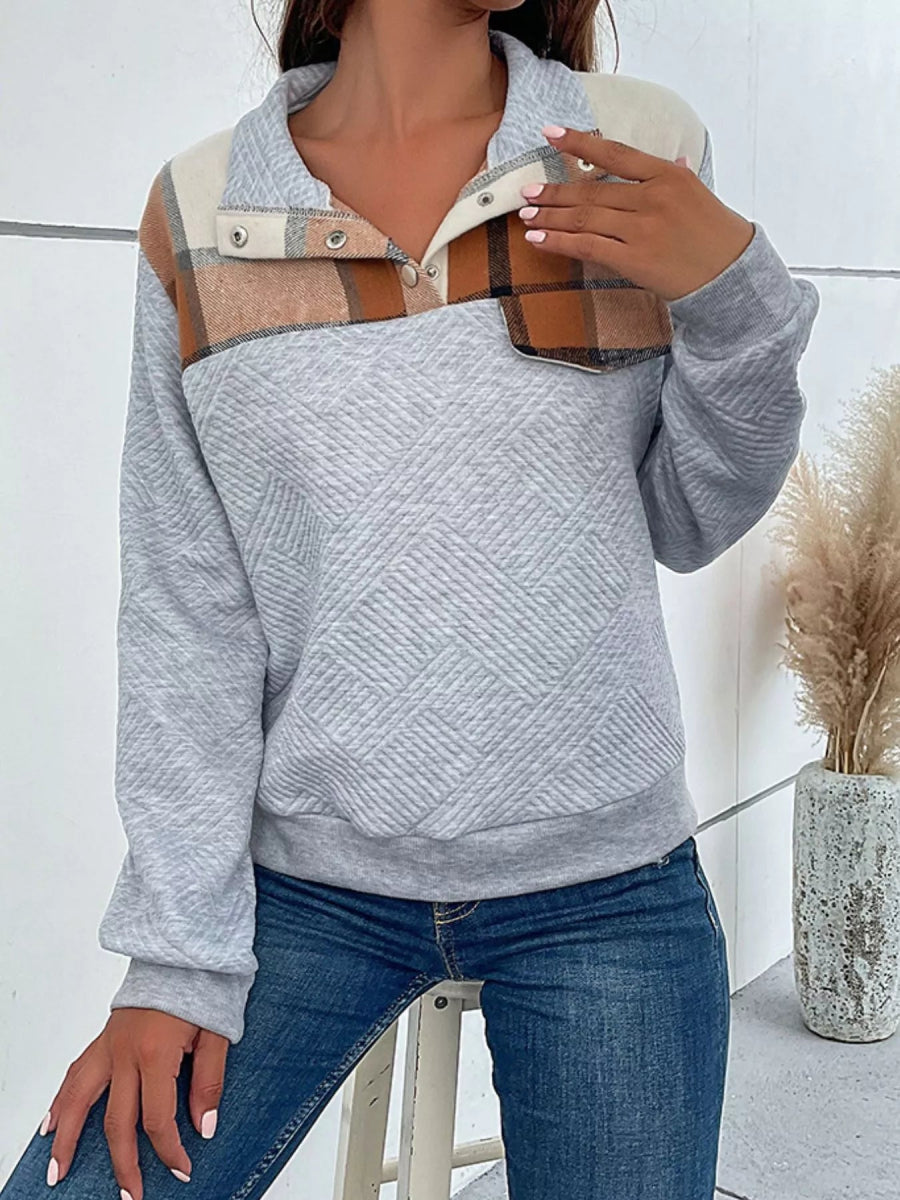 Color Block Texture Long Sleeve Sweatshirt - CELIVINE