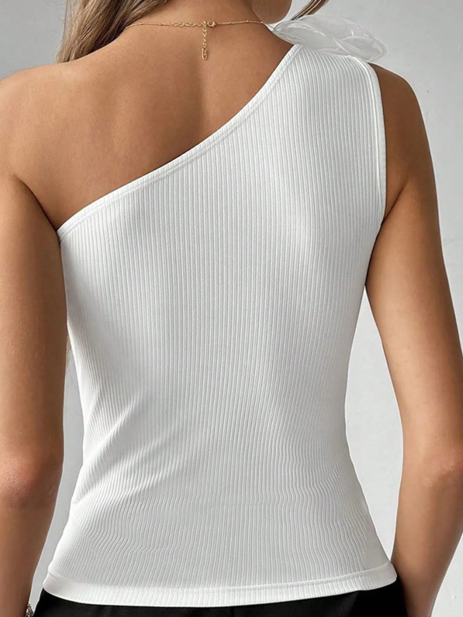 Flower Ribbed Single Shoulder Tank - CELIVINE