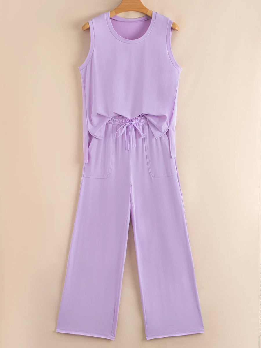 Mineral Wash Casual Round Neck Tank and Loose Drawstring Pants Set - CELIVINE