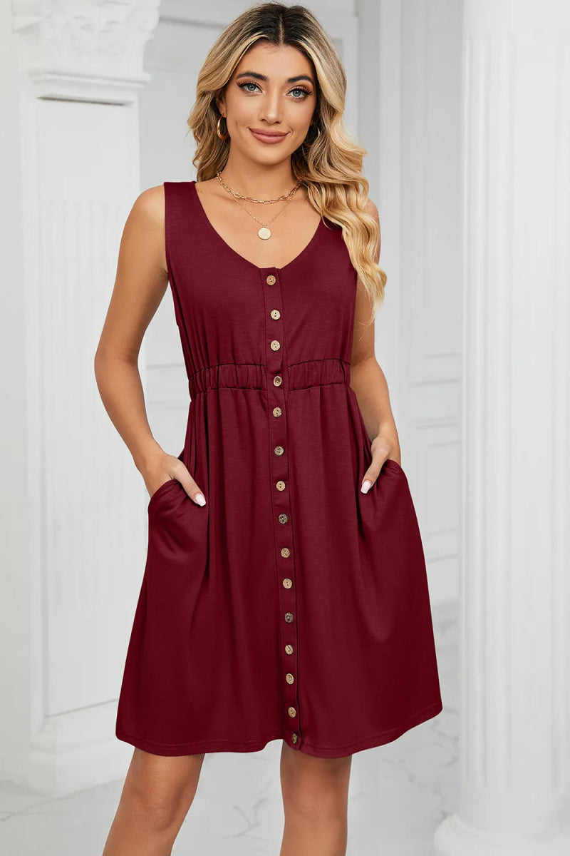 Buttoned Wide Strap Mini Dress - CELIVINE