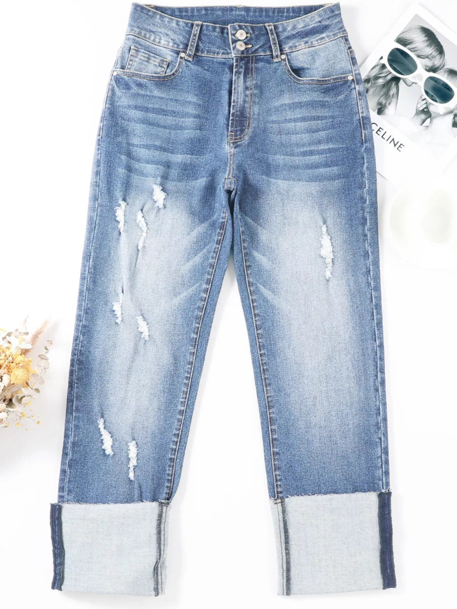 High Waist Distressed Straight Leg Jeans - CELIVINE