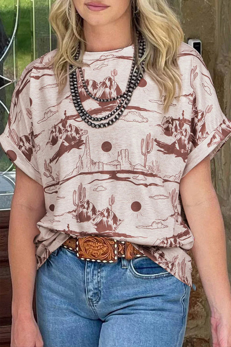 Printed Round Neck Short Sleeve T-Shirt - CELIVINE