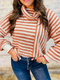 Striped Cowl Neck Long Sleeve Sweater - CELIVINE