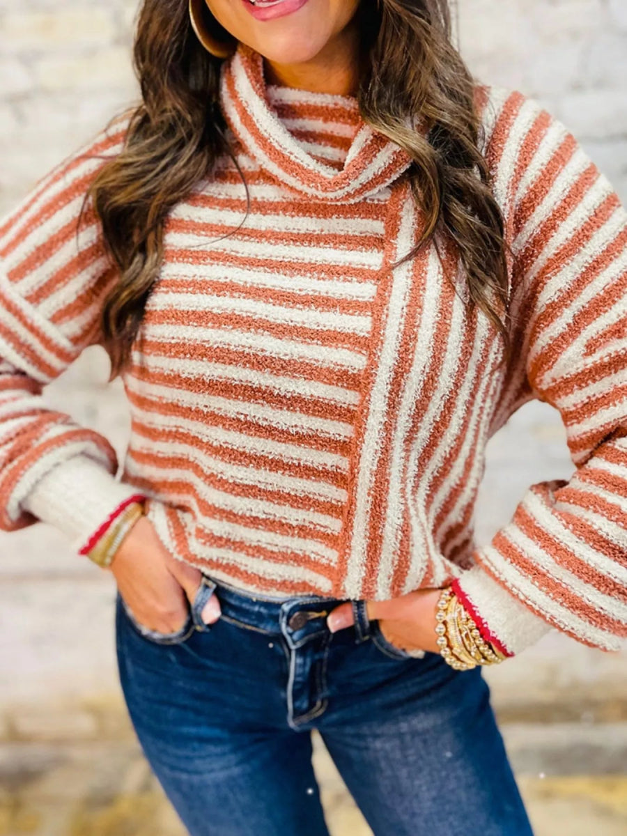 Striped Cowl Neck Long Sleeve Sweater - CELIVINE