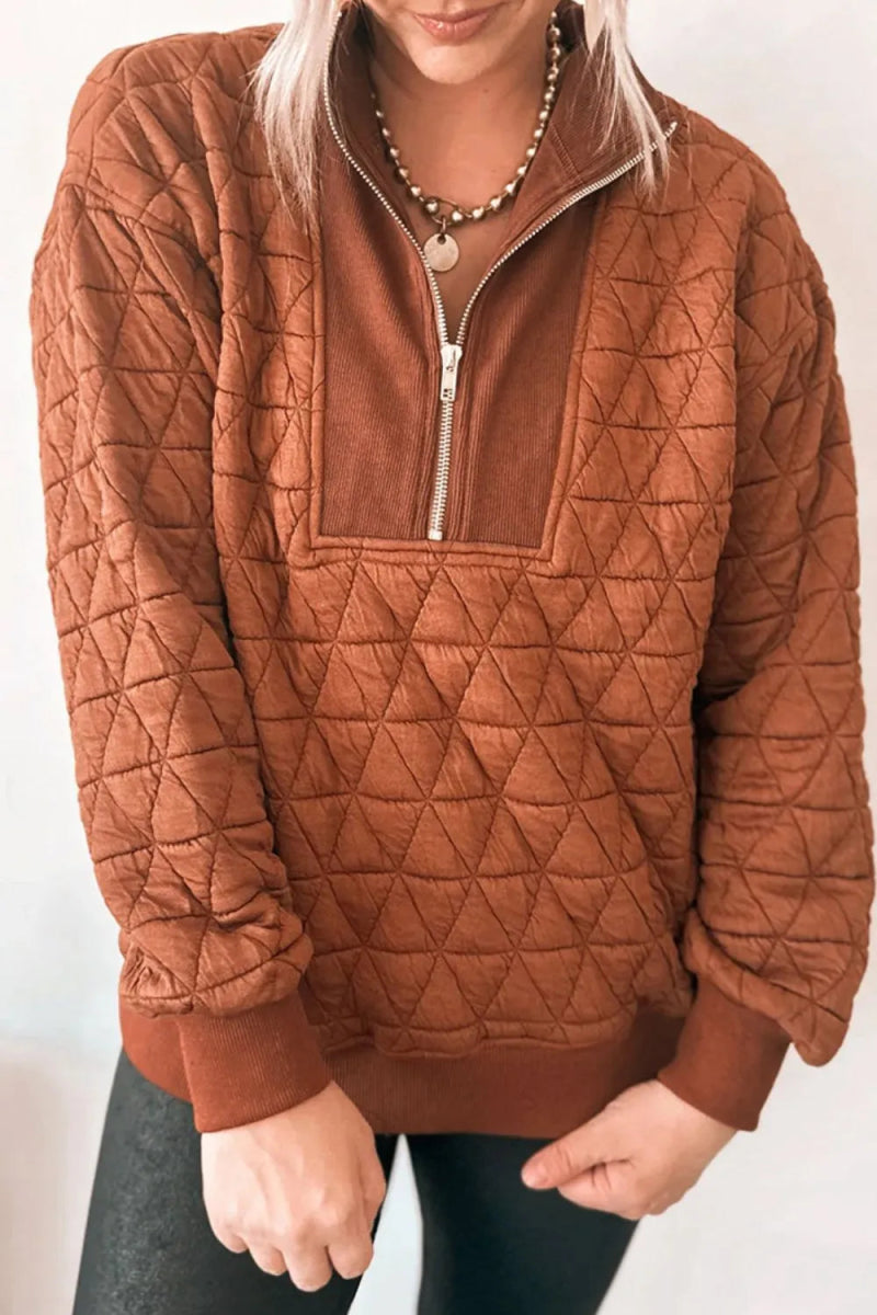 Quilted Half - Zip Long Sleeve Sweatshirt - CELIVINE