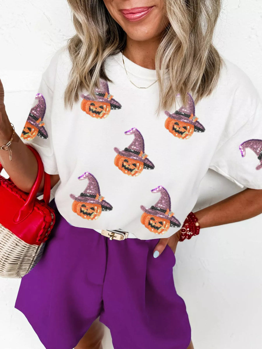 Sequin Pumpkin Witch Halloween Tee - CELIVINE