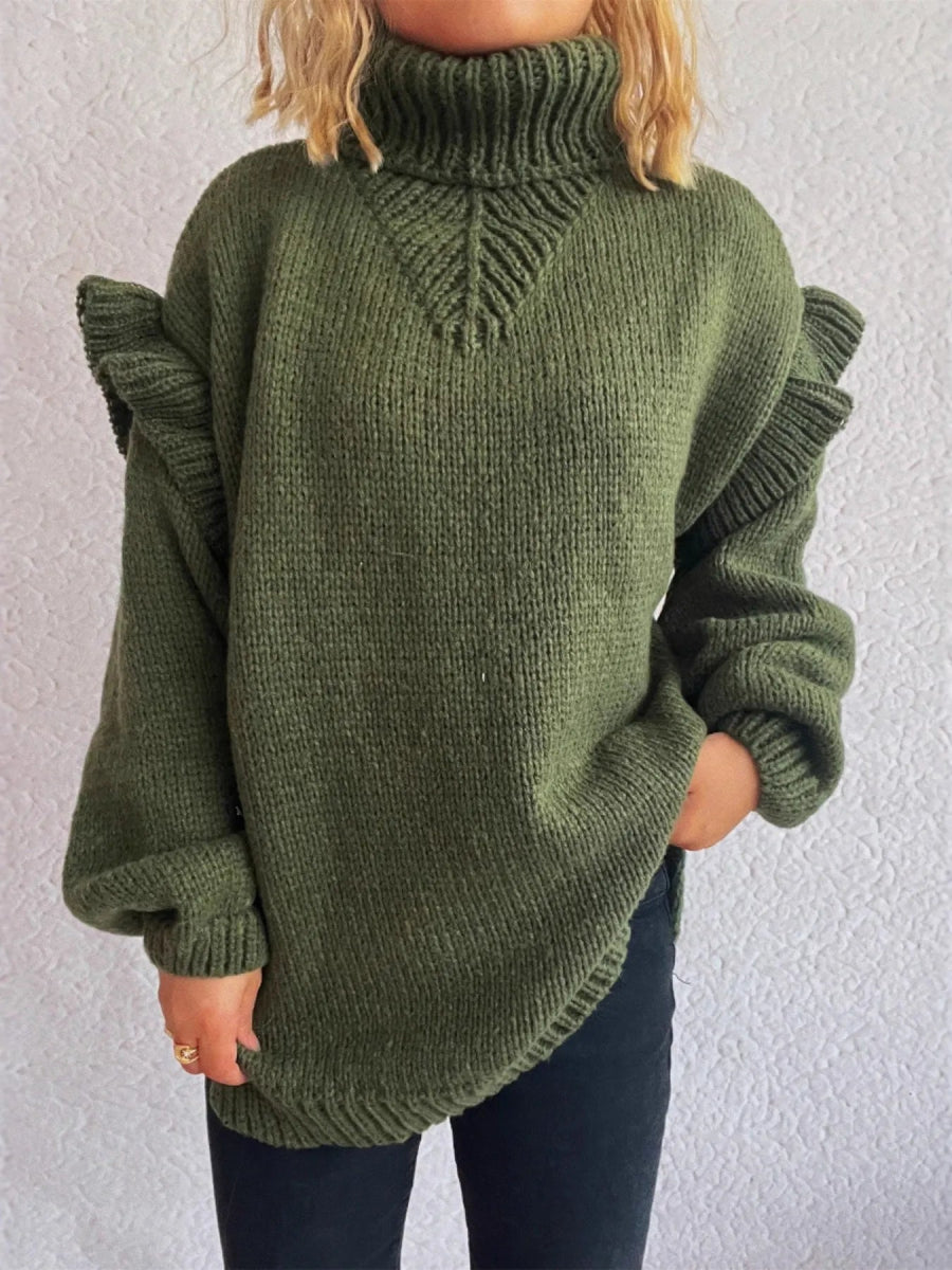 Ruffled Turtleneck Long Sleeve Sweater - CELIVINE