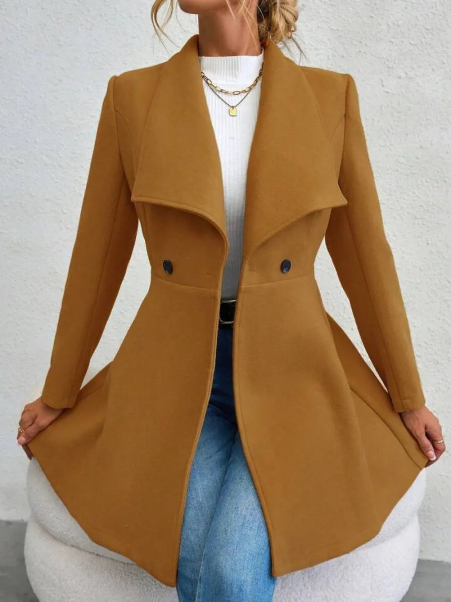 Collared Neck Button Up Long Sleeve Coat - CELIVINE