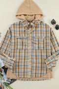 Drawstring Waffle Knit Patchwork Hooded Plaid Shacket - CELIVINE