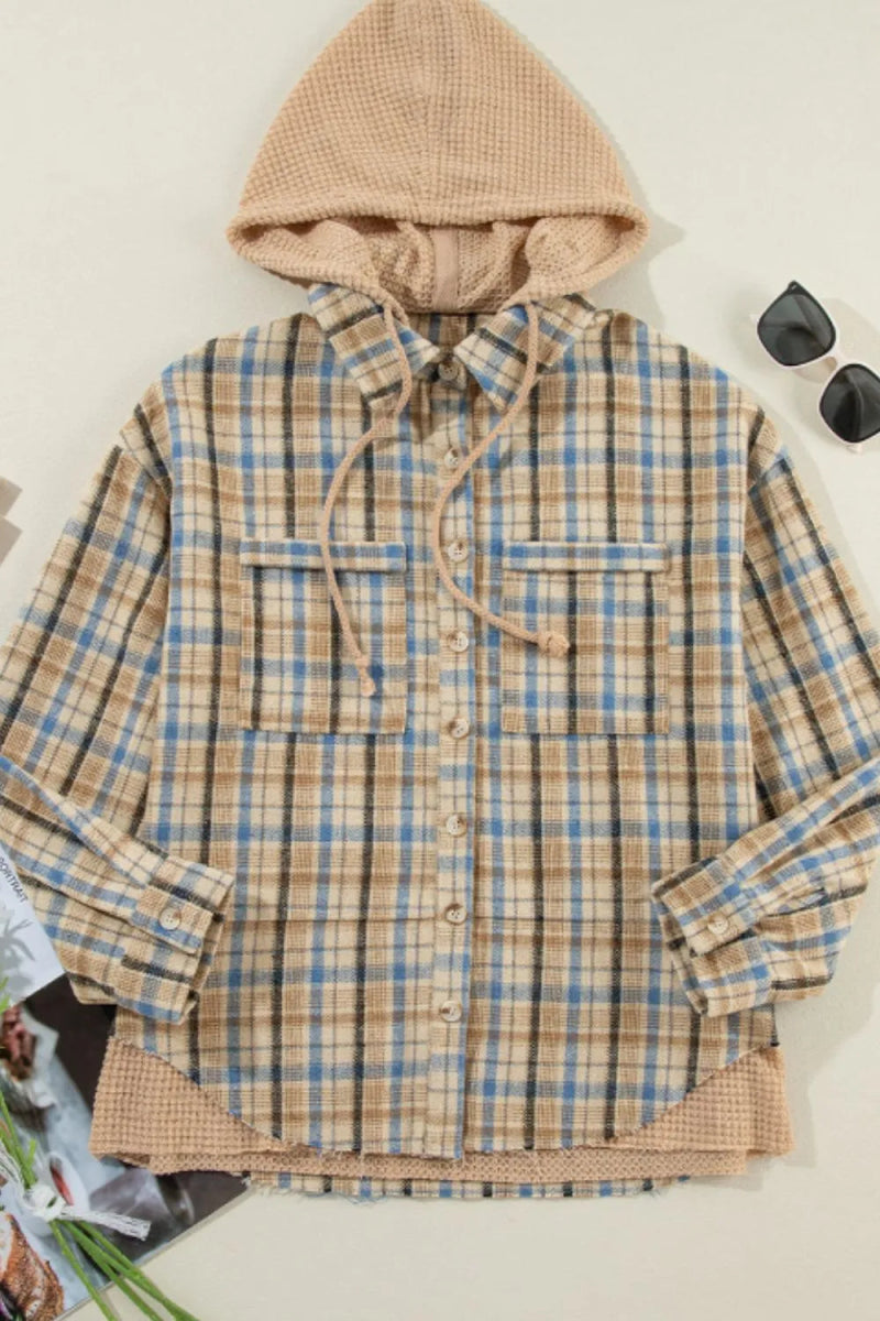 Drawstring Waffle Knit Patchwork Hooded Plaid Shacket - CELIVINE