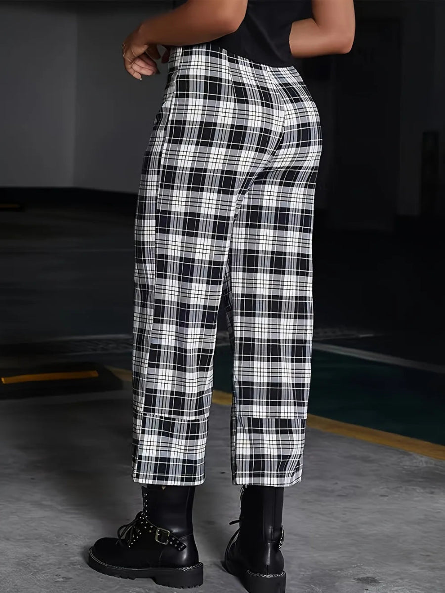 Full Size Plaid High Waist Pants - CELIVINE